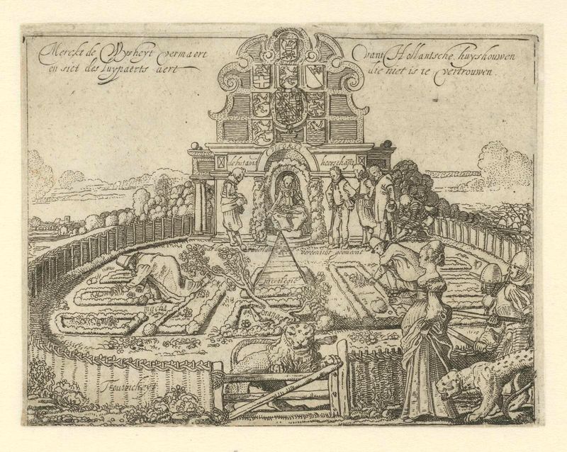 Allegorie op de onbetrouwbaarheid van Spanje etching by Willem Pietersz Buytewech depicting a vibrant garden.