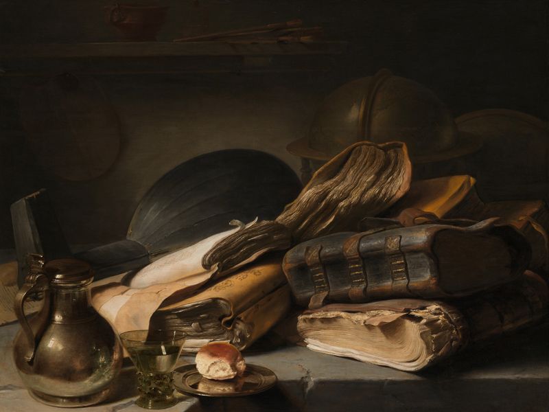 Still Life with Books, oil on panel by Jan Lievens, featuring an overturned lute and empty book bindings.