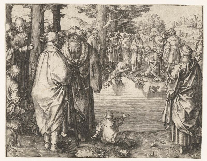 Gravura de Lucas van Leyden mostrando o batismo de Cristo no rio Jordão