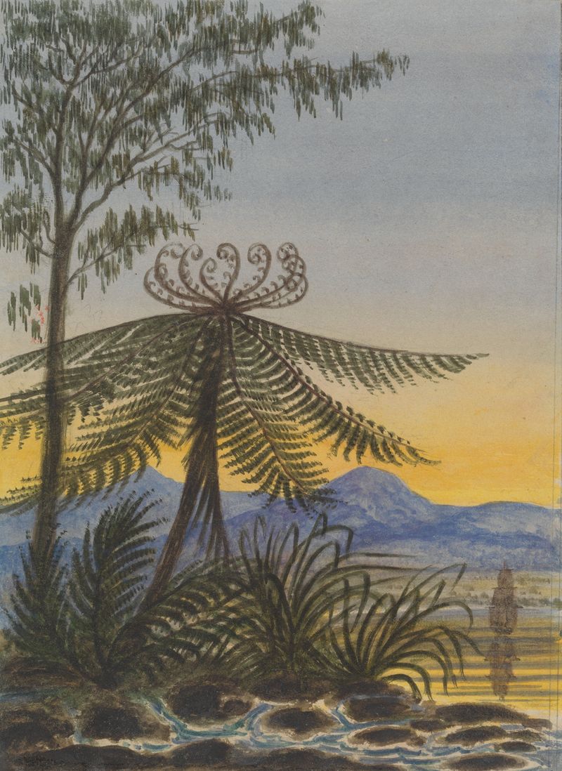 Landscape featuring trees and ferns at twilight by Lt. Gen. Charles Emilius Gold