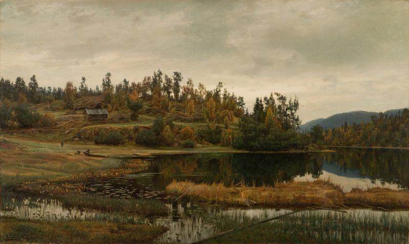 Paisaje de un fiordo con aguas tranquilas, óleo sobre lienzo de Amaldus Nielsen