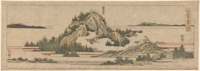 Crags with Snow and Foliage de Katsushika Hokusai, tinta sobre papel, apresentando montanhas acidentadas e neve.