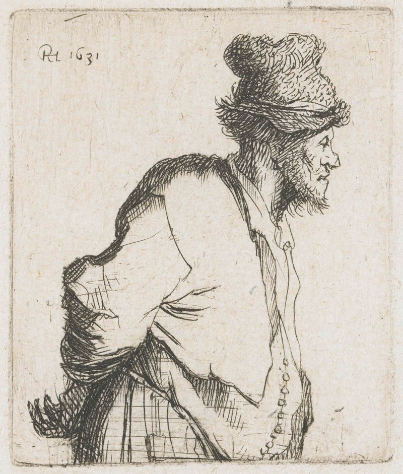 Gravura de Rembrandt van Rijn de um camponês em pé com as mãos atrás das costas