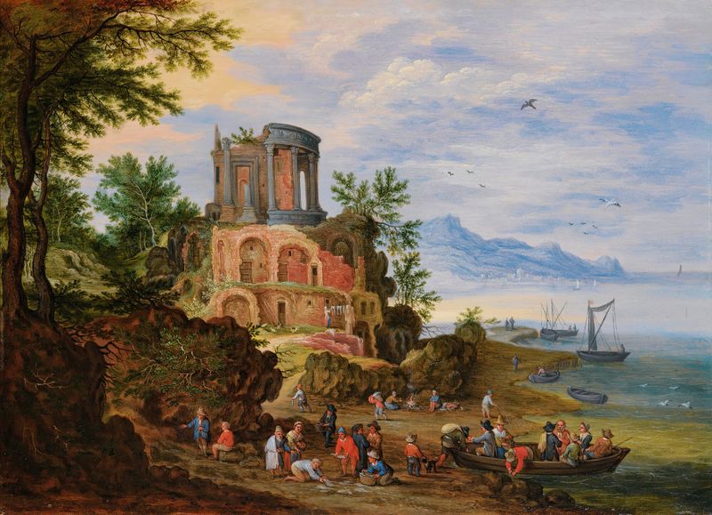 Landscape with ruins animated with figures, oil on canvas by Jan Brueghel the Younger