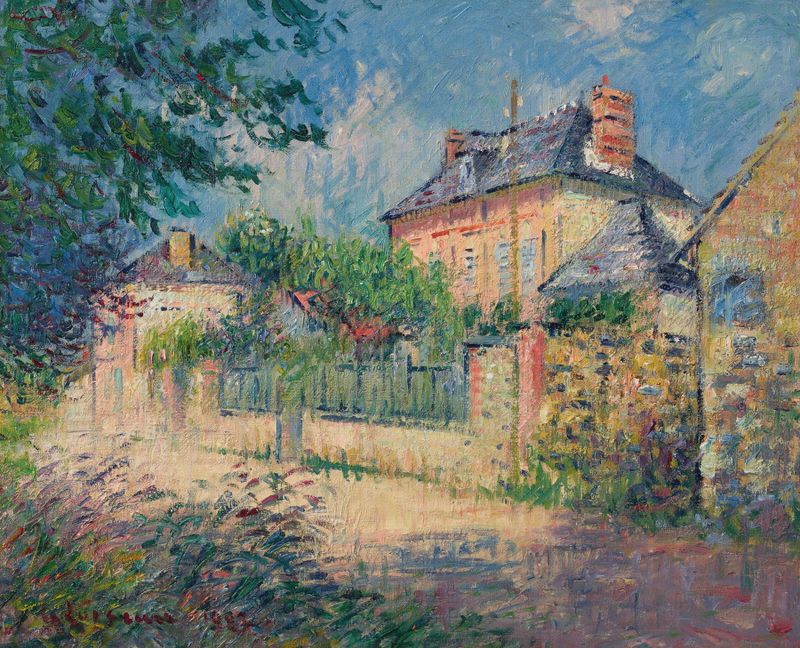 Paisagem de Gustave Loiseau, pintura a óleo que retrata uma estrada de vila com árvores e luz suave.