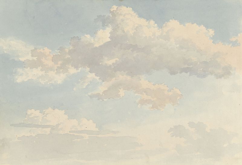 Landscape oil painting by Abraham Teerlink featuring clouds and a deep azure sky