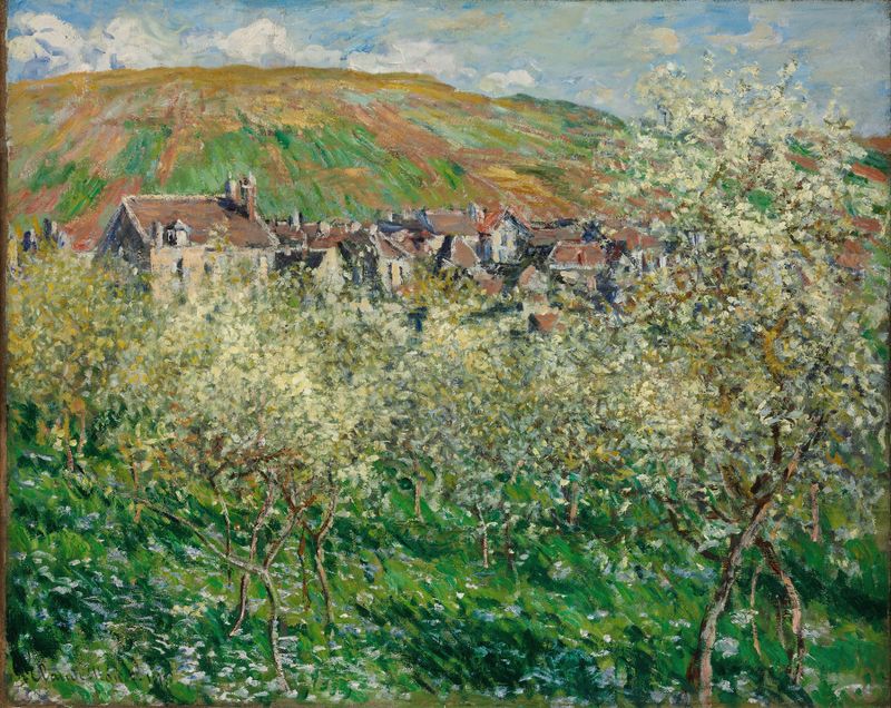 Flowering Plum Trees de Claude Monet, pintura al óleo con flores rosas y follaje verde.