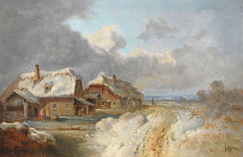 Die Häuser von Forstenried im Winter de Heinrich Bürkel, pintura a óleo que retrata uma paisagem de vila nevada.