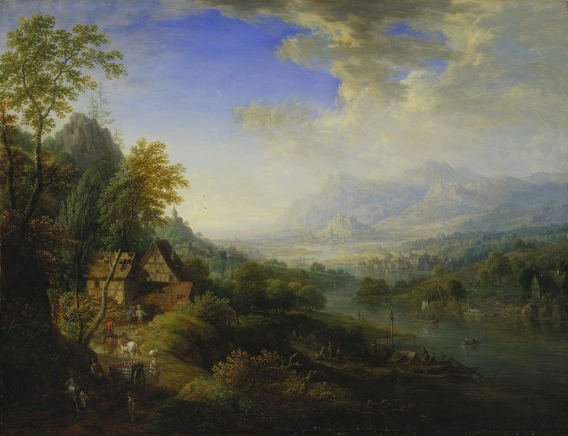 Paisaje rococó que representa un río al amanecer de Christian Georg Schütz el anciano