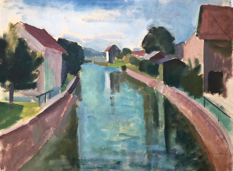 Häuser am Kanal de Otto Geigenberger, óleo sobre lienzo que muestra edificios junto a un canal.
