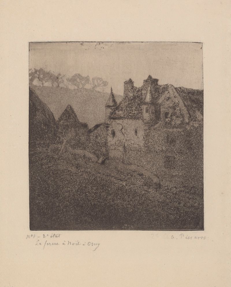 La ferme à Noël, Osny by Camille Pissarro, oil painting of a farmhouse in a snowy landscape