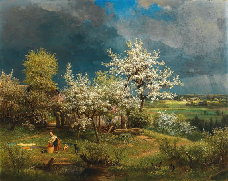 A Brewing Storm in Spring by Eduard Leonhardi, oil on canvas depicting a stormy landscape with flowers.