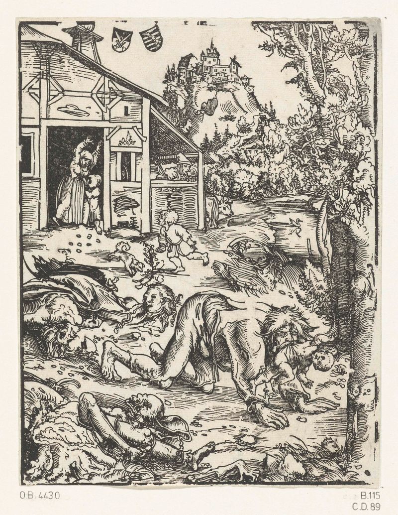 Lobo mau com criança e corpos desmembrados, papel de Lucas Cranach