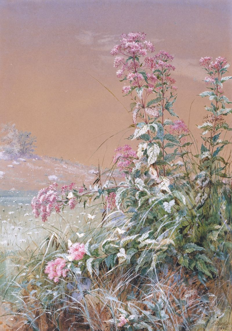 Watercolour by Fidelia Bridges depicting delicate flowers in soft pastels