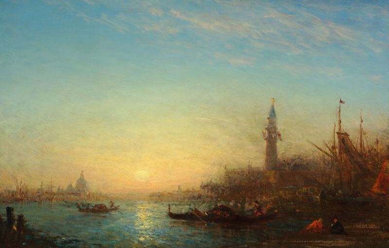 Coucher de soleil, quai des Esclavons de Félix Ziem, pintura al óleo que representa un atardecer sobre un río.