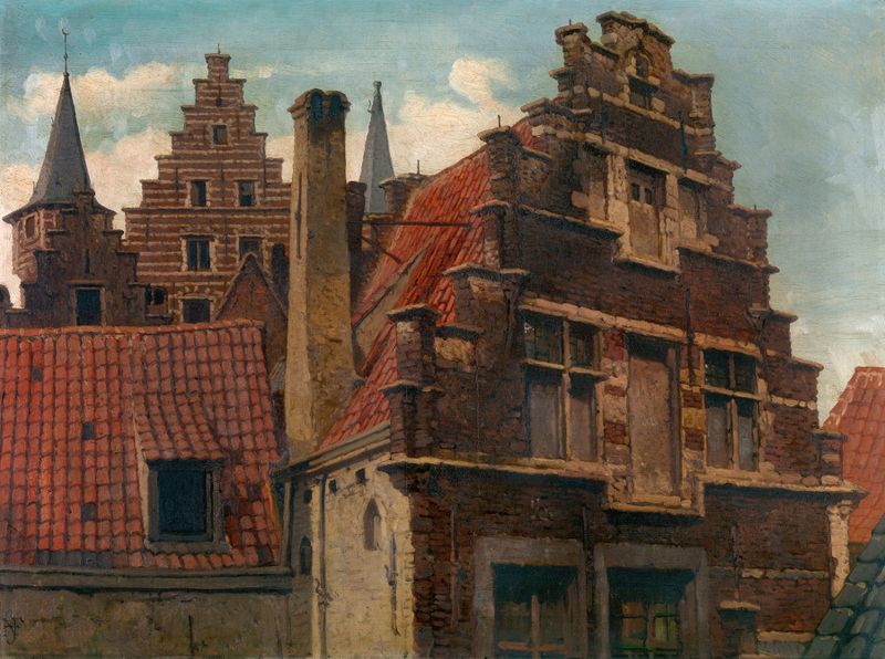 The Vleeshuis and Old Houses, oil on canvas by Henri François Schaefels
