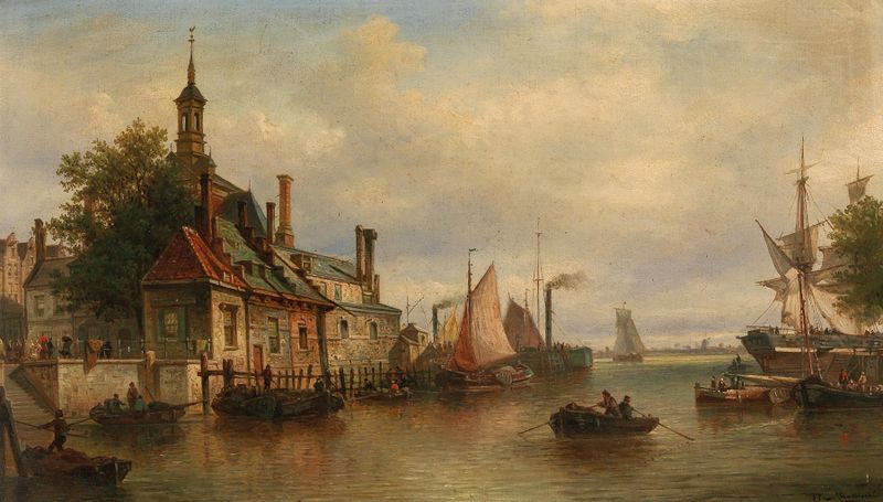 Realism oil painting of The Old Hanse Gate on the Maas in Rotterdam by Elias Pieter van Bommel