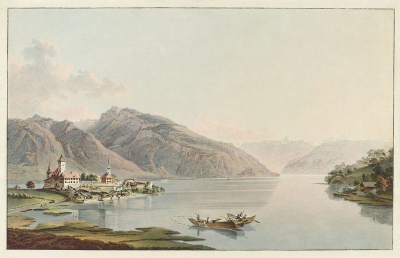 Landscape of Lake Thun with misty mountains, oil painting by Heinrich Rieter