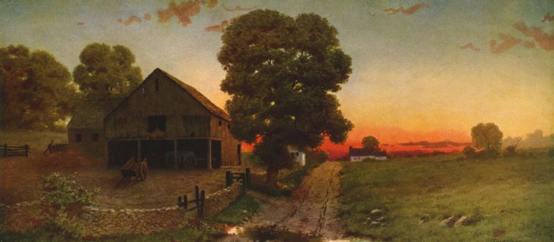 A New Hampshire sunset by Edwin Lamasure, oil on canvas, showcasing vibrant colors and a serene landscape.