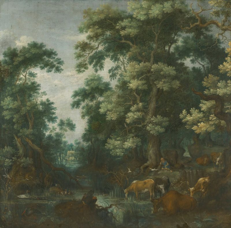 A wooded landscape with deer and cattle by a river, a sleeping herdsman nearby, oil painting by Gillis Claesz. de Hondecoeter