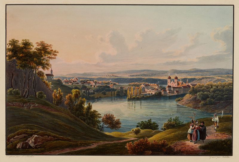 Landscape with misty mountains and river, oil on canvas by Johann Ludwig Bleuler