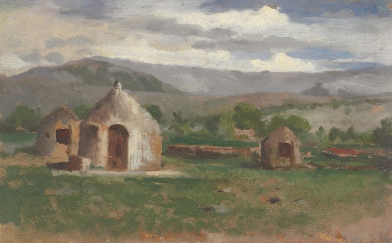 Paisagem com cabanas primitivas, óleo sobre tela de Charles Nègre