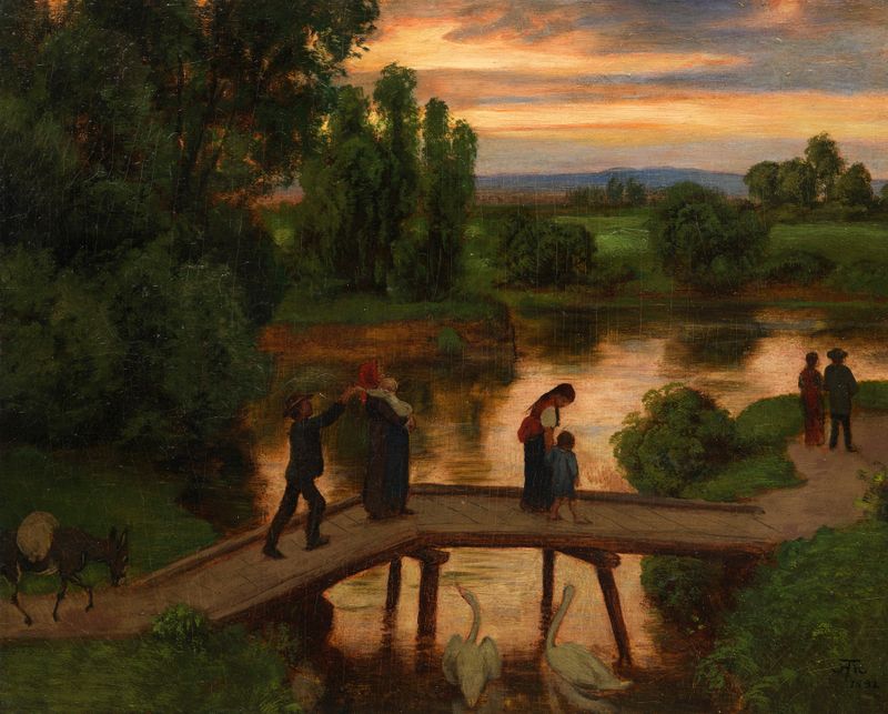 Paisaje crepuscular con un puente de Hans Thoma, pintura al óleo