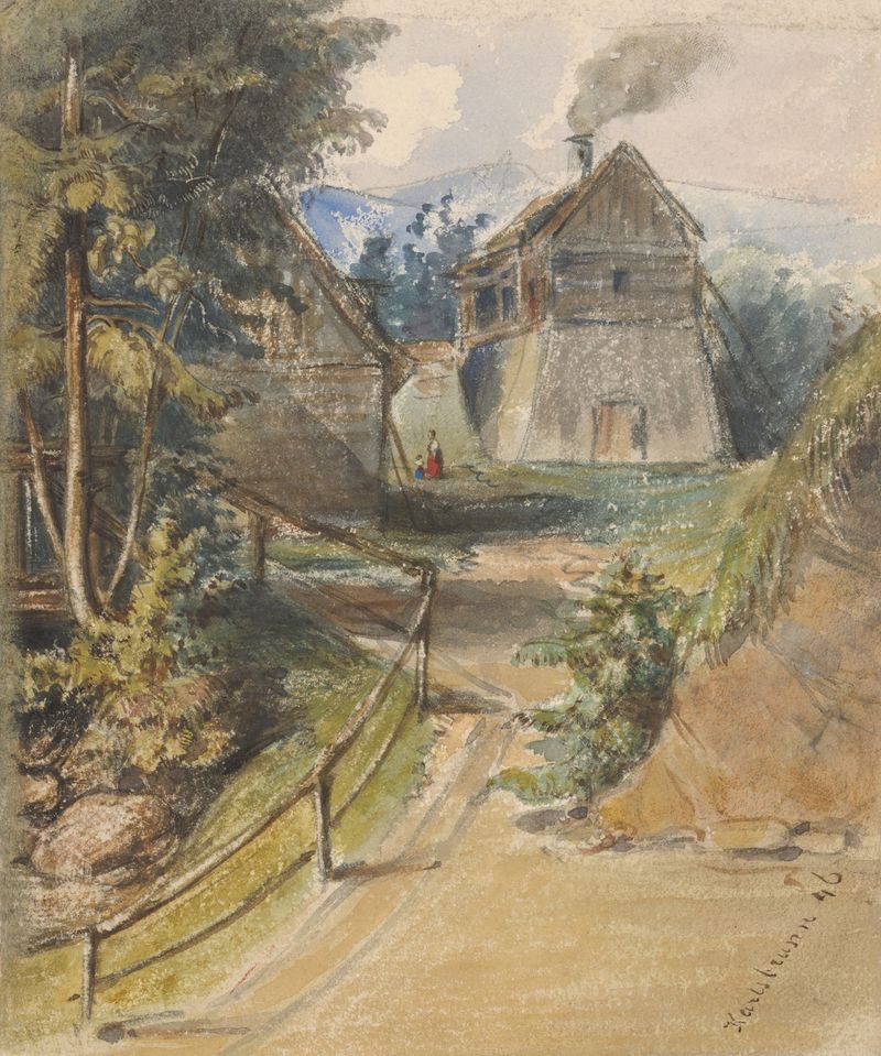 Watercolour by Friedrich Carl von Scheidlin depicting a tranquil landscape with mist.