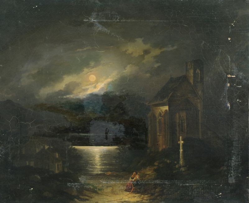 Paisaje romántico con lago de Francesco Milani