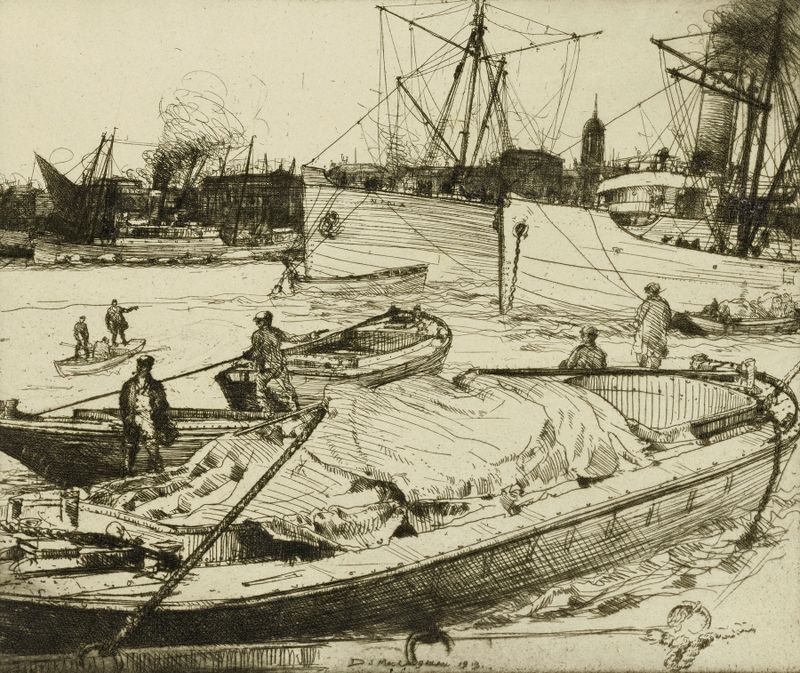 The Rushing Tide on the Thames, óleo sobre tela de Donald Shaw MacLaughlan, retratando correntes de rio.