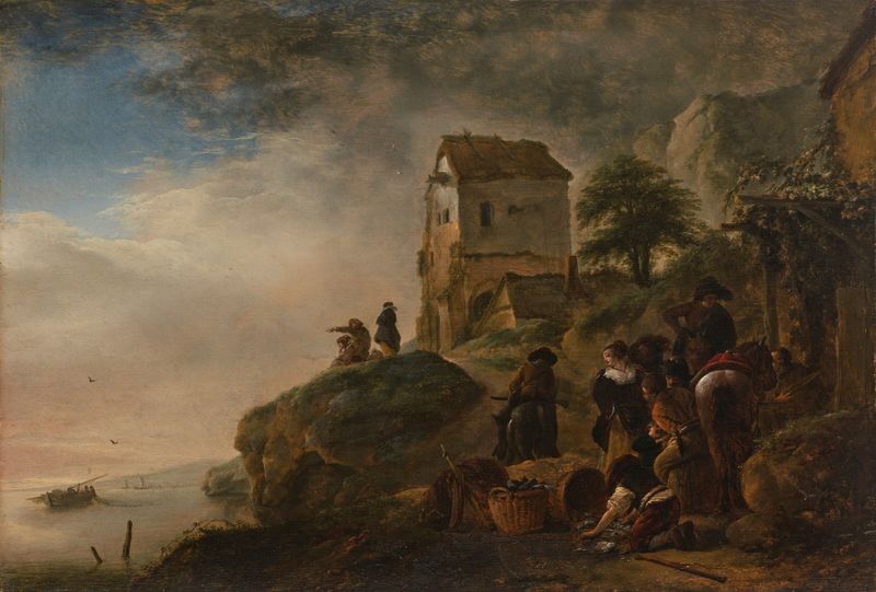 Fishermen displaying their catch on a rocky coast, óleo de Philips Wouwerman