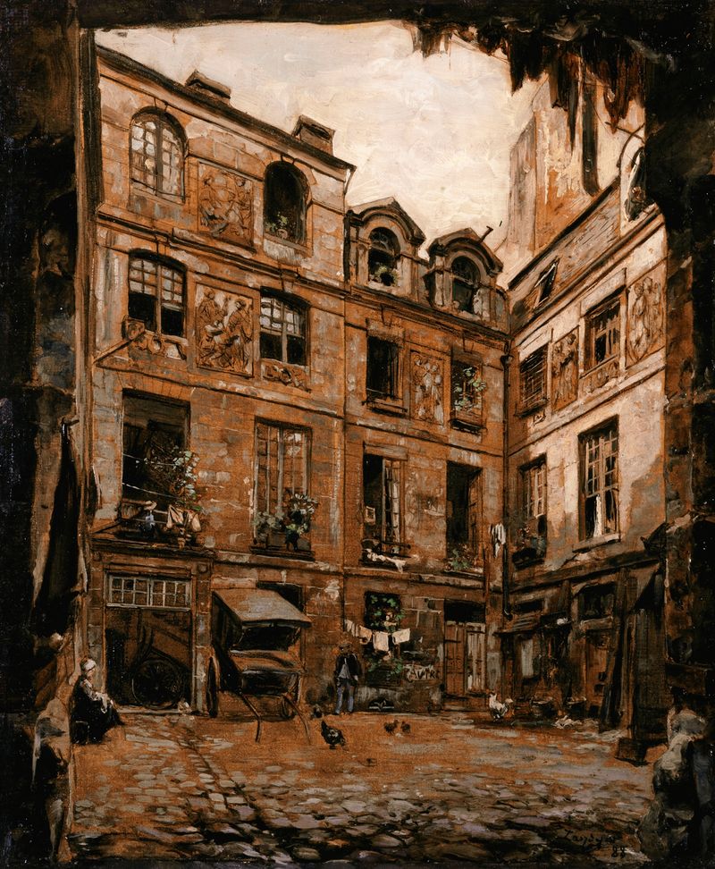Landscape oil painting by Emmanuel Lansyer featuring sunlight on cobblestones.