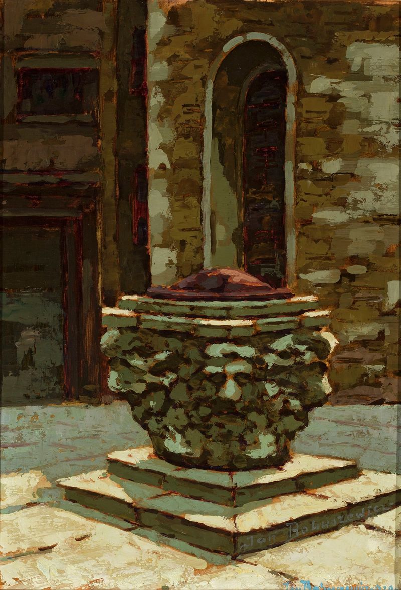 Sunlit well surrounded by Venetian architecture, oil painting by Jan Bohuszewicz