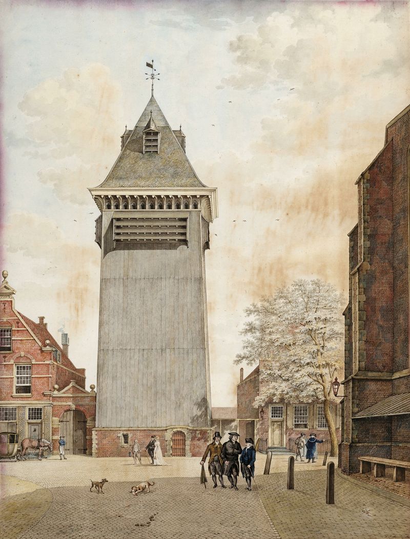 Dutch Golden Age oil painting by Hermanus Petrus Schouten depicting a clock tower at sunset.