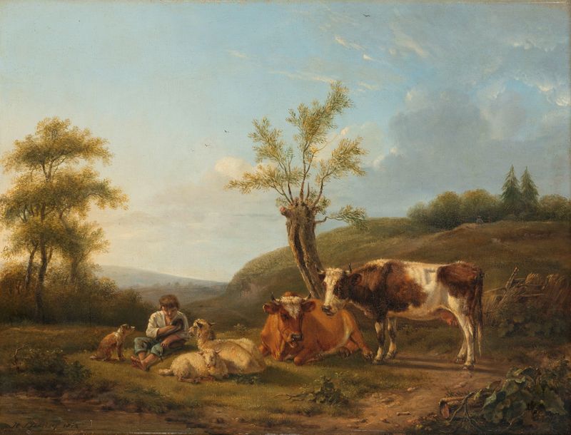 Paisaje con ganado pastando en un campo verde, pintura al óleo de Hendrik Stokvis