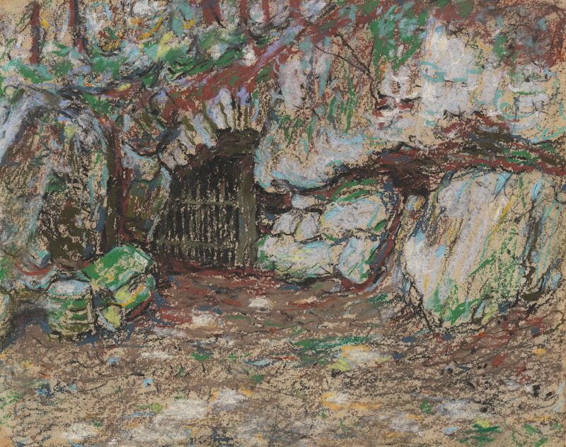 Landscape featuring rock formations and a hidden cave by Christian Rohlfs