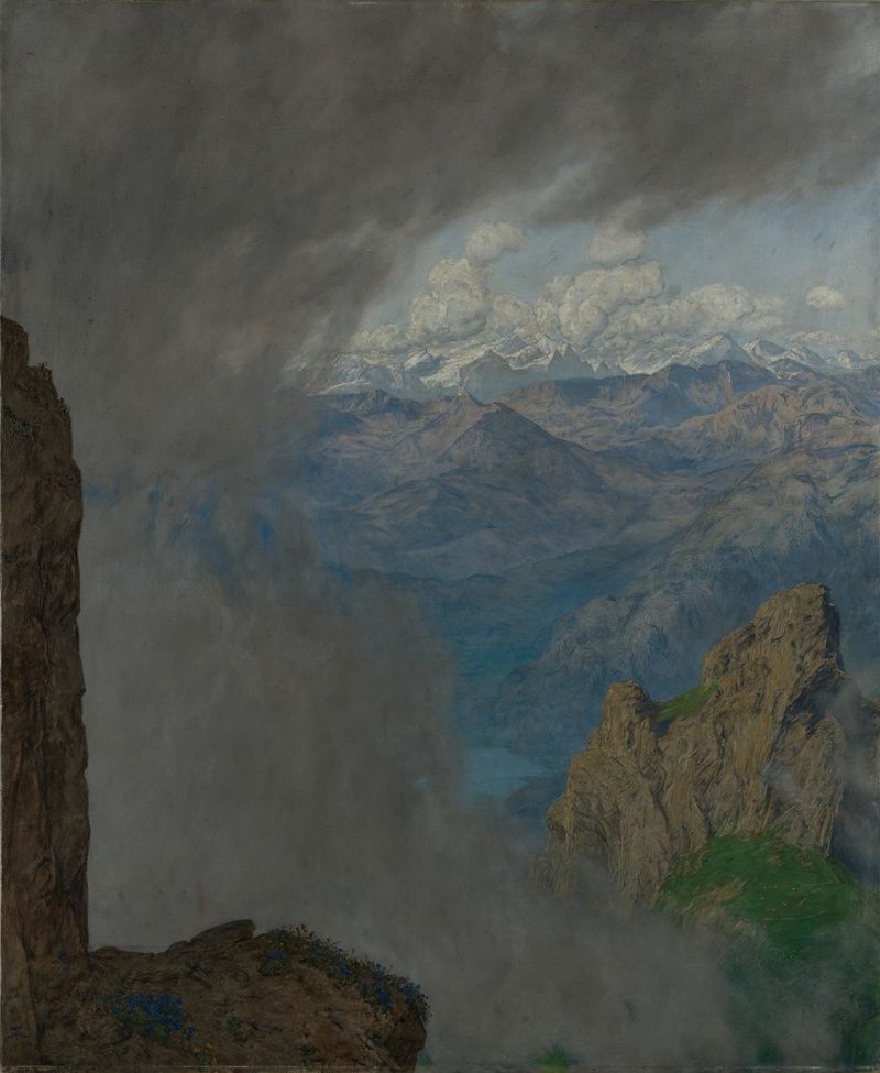 Blick vom Pilatus by Hans Thoma, oil on canvas depicting a tranquil mountain landscape.