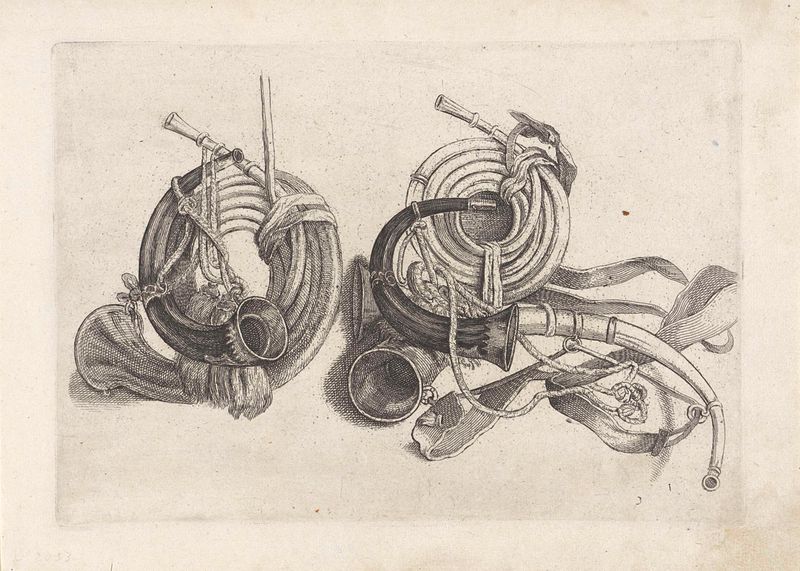 Vijf jachthoornen de Wenceslaus Hollar, grabado que representa cinco cuernos de caza