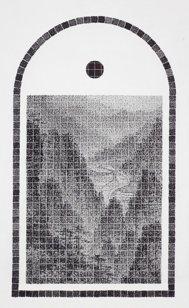 Paisagem com montanhas e pinheiros, tinta sobre papel de Lee Chun-Yi