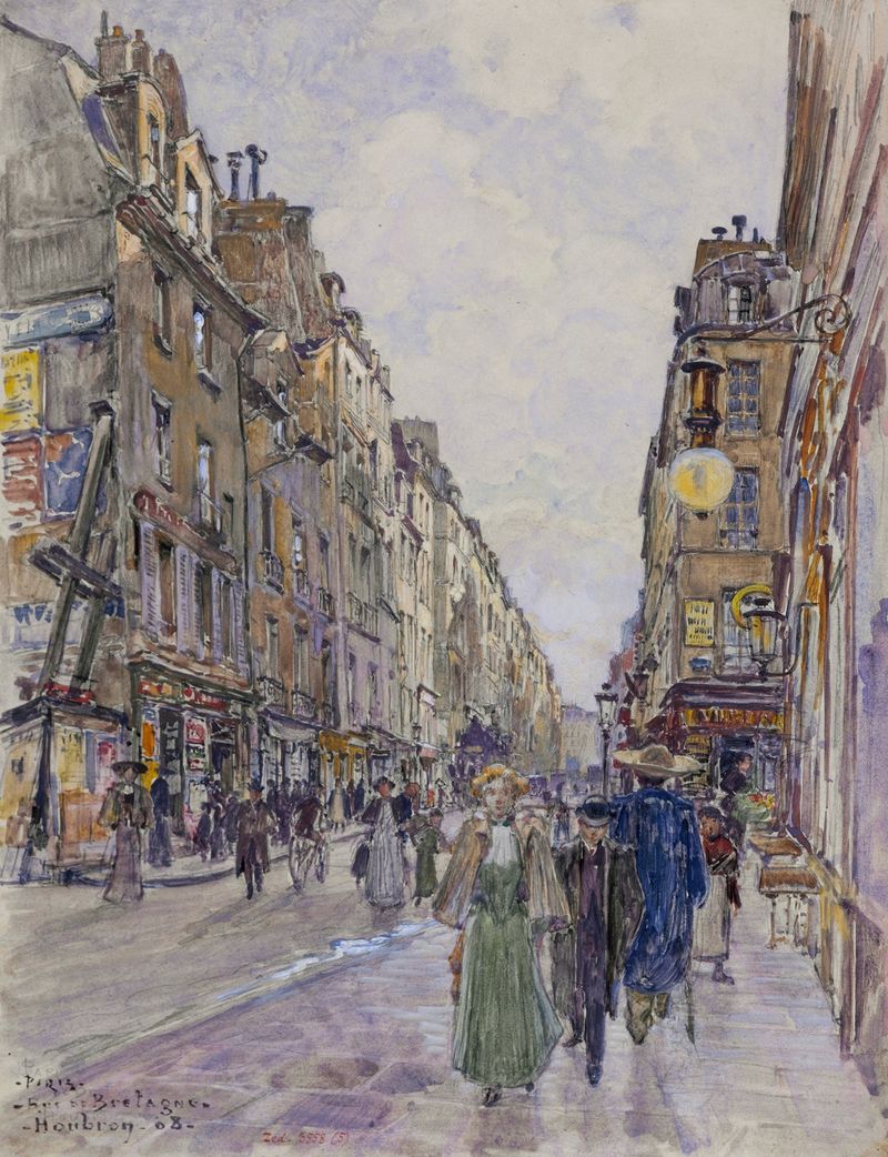 Rue de Bretagne, en 1908 de Frédéric Houbron, óleo sobre tela mostrando uma rua parisiense iluminada pelo sol.