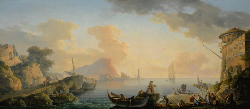 Rococo artwork by Carlo Bonavia depicting a harbor at dawn with fishermen and boats.