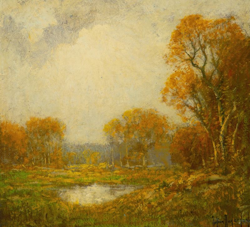Autumn’s Pond by Julian Onderdonk, oil on canvas depicting a tranquil pond with autumn reflections.