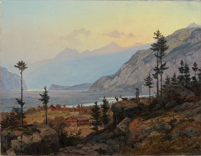Landscape featuring a lake, river, and Swiss Alps by Johann Wilhelm Schirmer