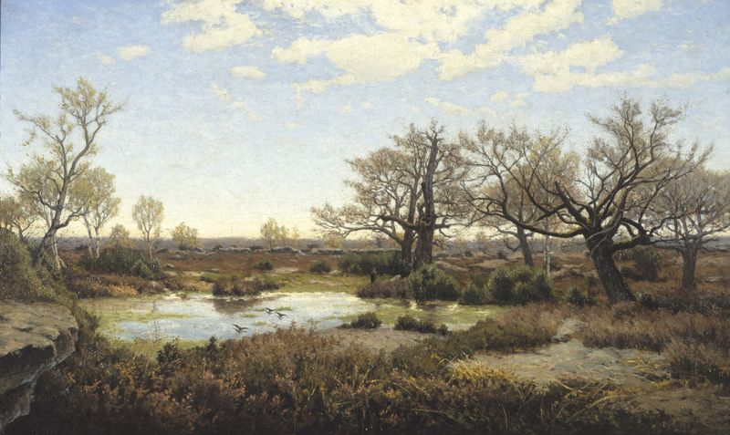 Landscape depicting a lake and forest by Alphonse Asselbergs, 1876