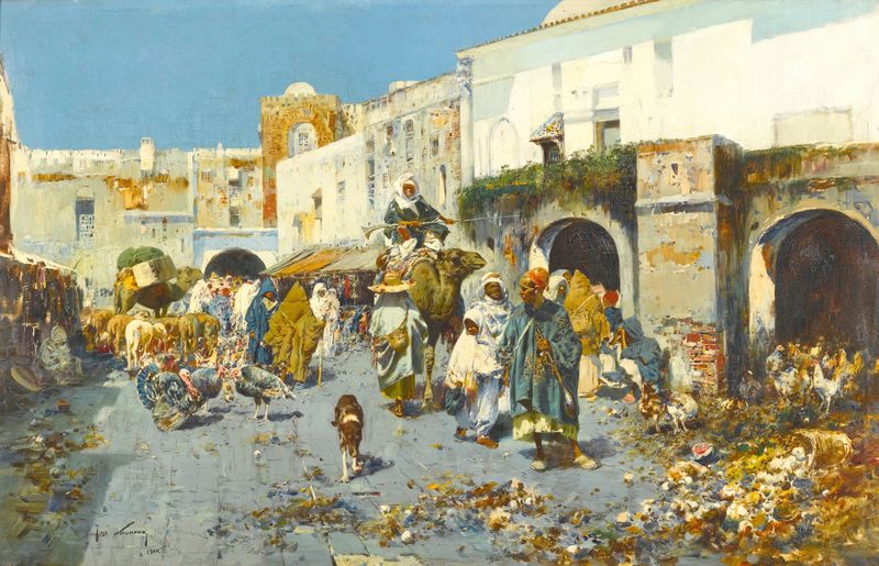A Bustling Street de José Navarro y Llorens, impressionismo, cena de rua vibrante