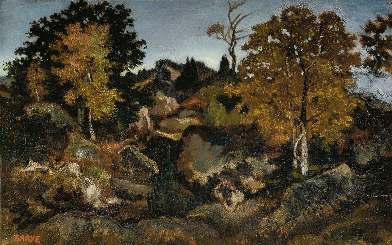 Rocks In Fontainebleau, bronze sculpture by Antoine-Louis Barye depicting a rugged landscape.