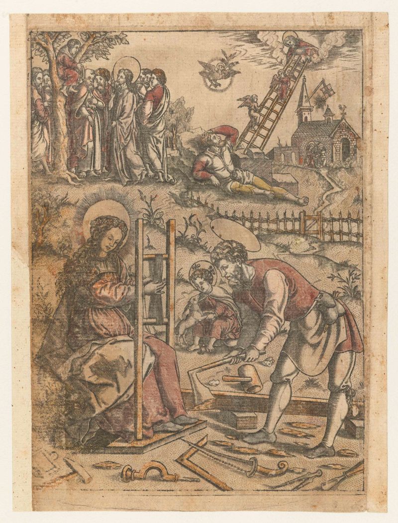 Engraving by Monogrammist AC depicting Virgin Mary and infant Christ in a twilight landscape