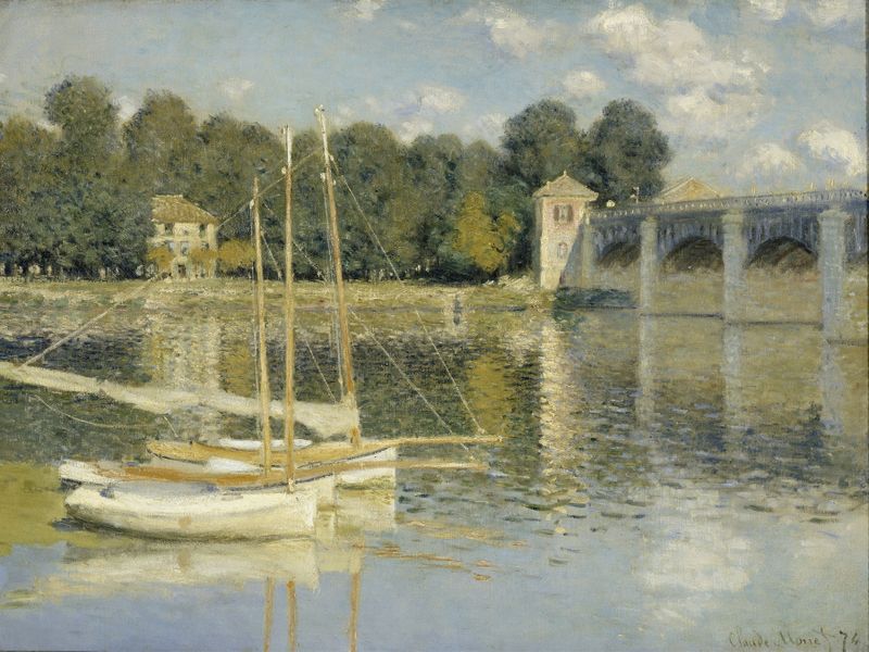 El Puente de Argenteuil de Claude Monet, pintura al óleo que representa un paisaje fluvial con luz solar y reflejos.