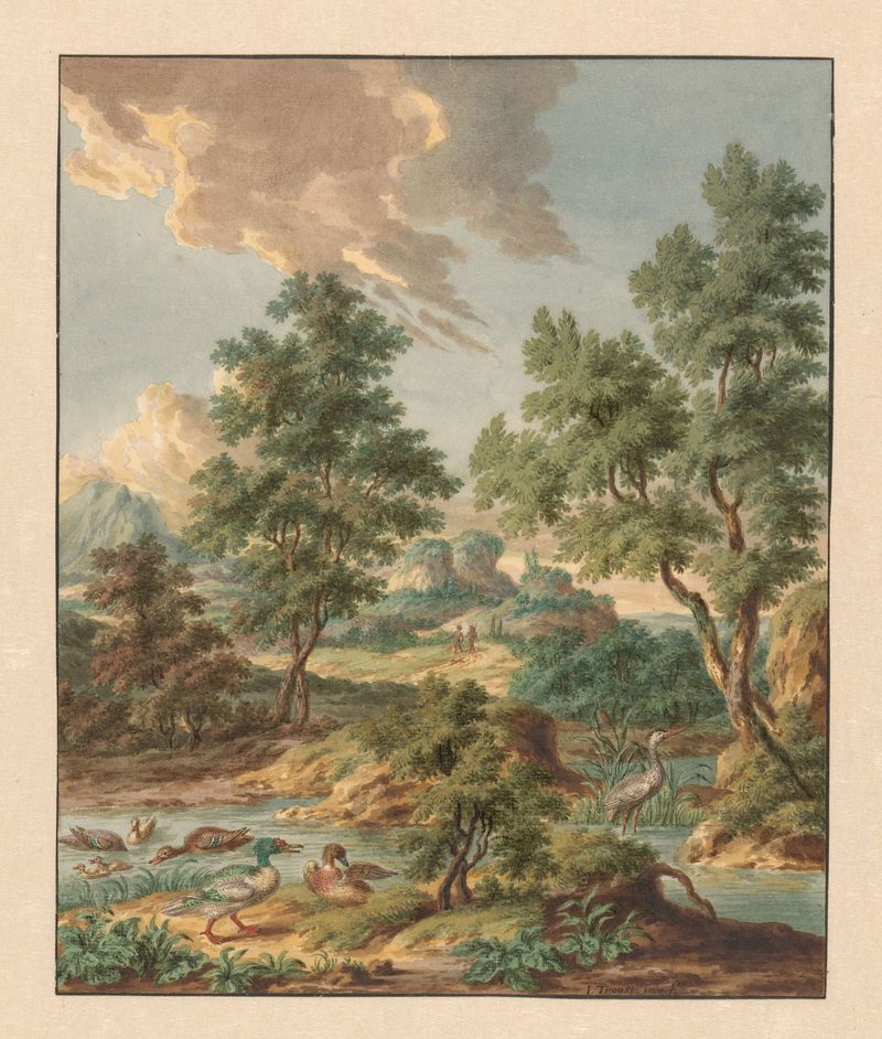 Landschap met watervogels in een poel de Jan Hendrik Troost van Groenendoelen, óleo sobre lienzo que representa un estanqu...