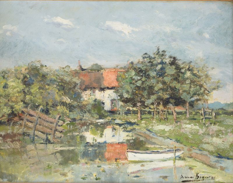 Farm in summer de Herman Bogaerd, realismo, retratando campos ensolarados e uma paisagem rural.